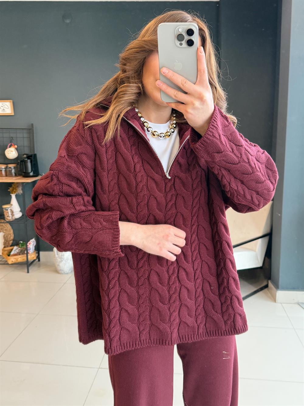 Örgülü Premi̇um Kazak Bordo