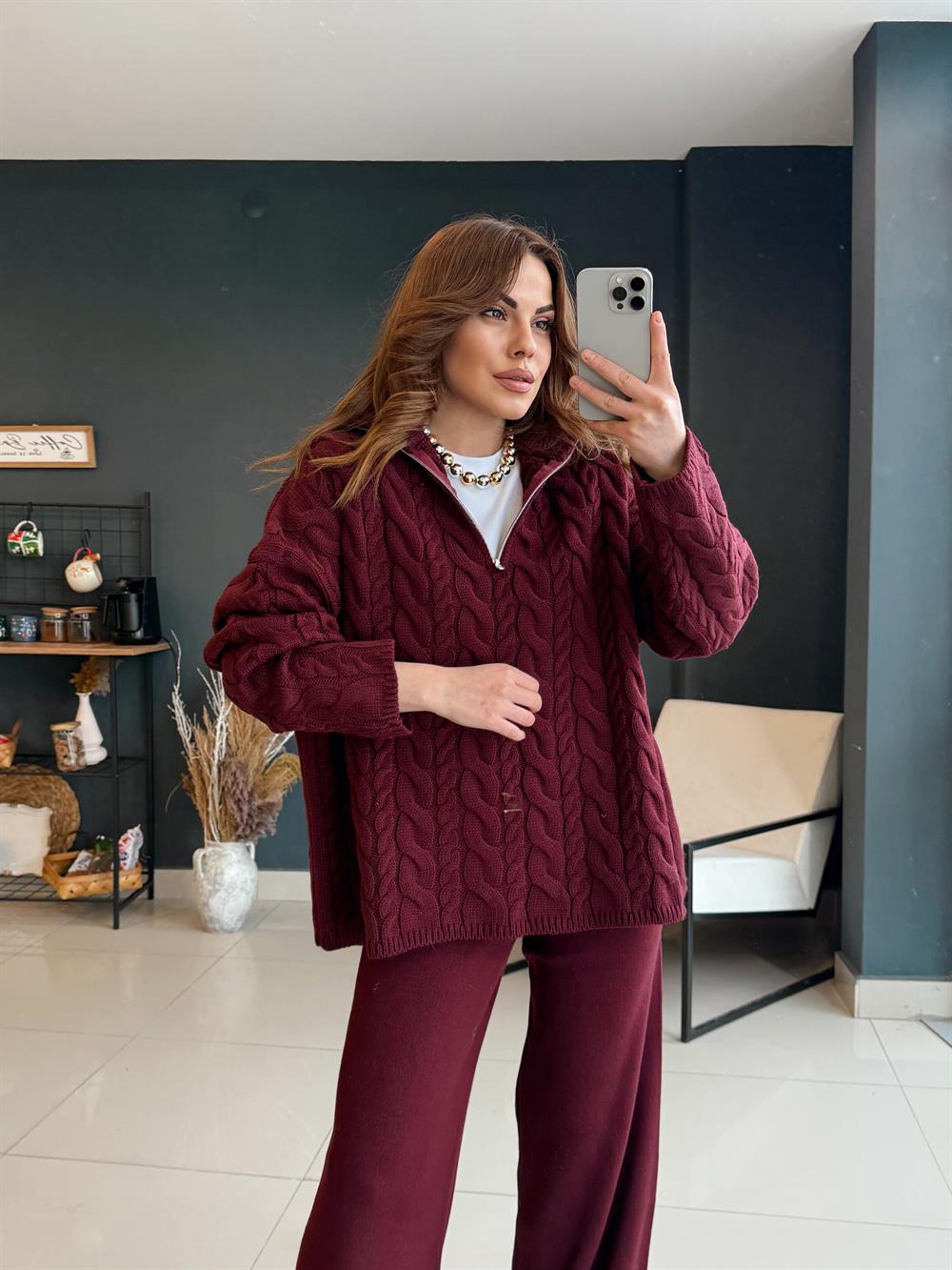 Örgülü Premi̇um Kazak Bordo