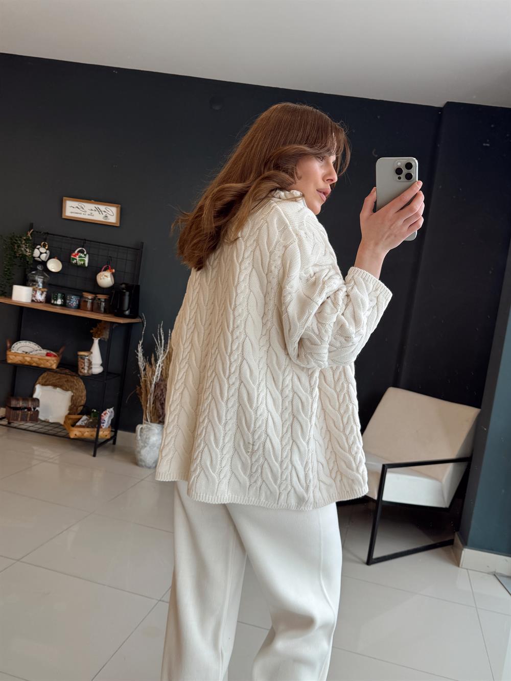 Örgülü Premi̇um Kazak Krem