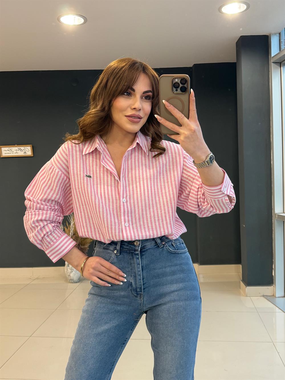 %100 Keten Çi̇zgi̇li̇ Gömlek Pembe