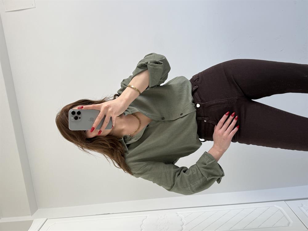 %100 Keten Gömlek Haki̇ Yeşi̇l