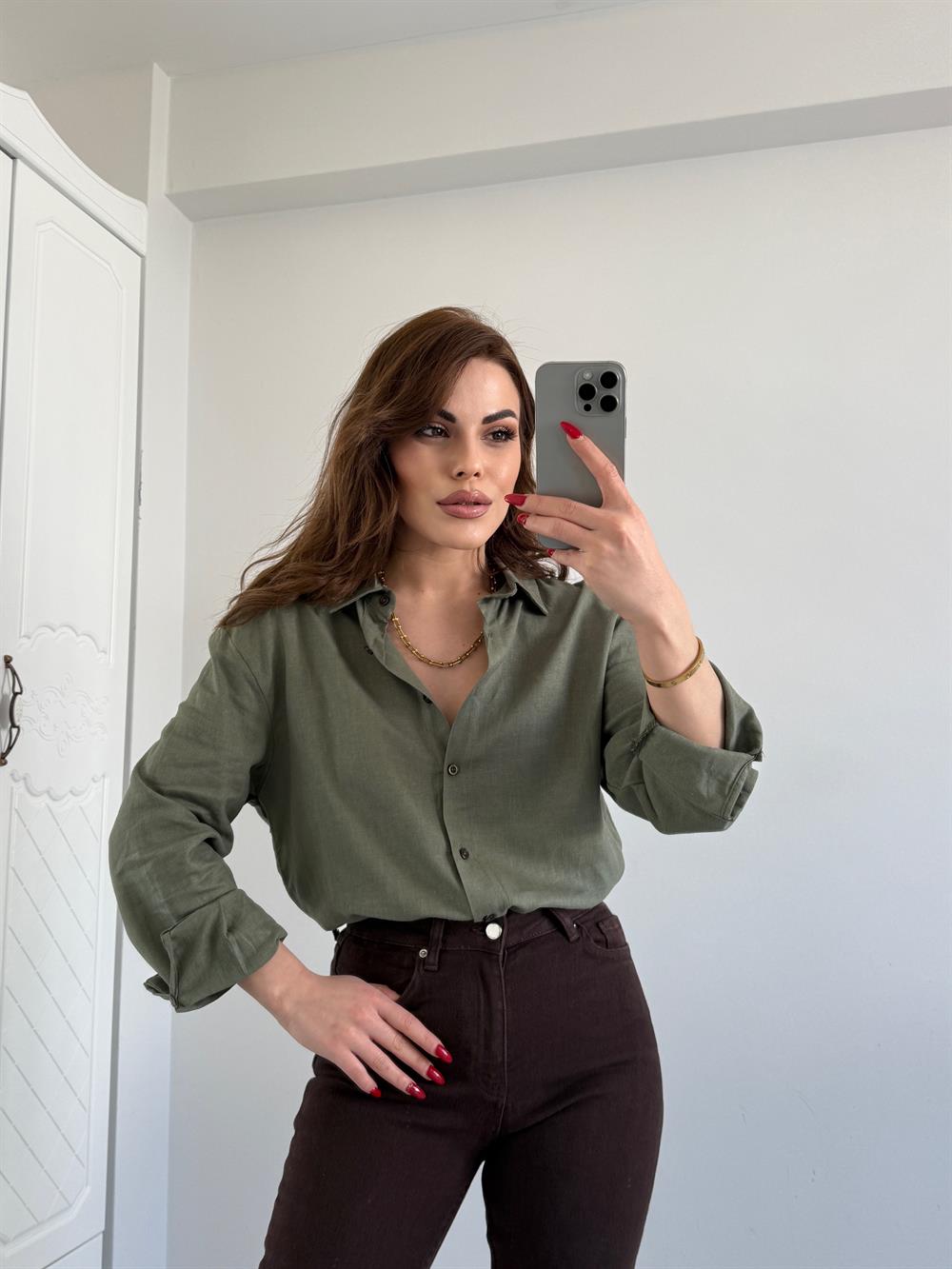 %100 Keten Gömlek Haki̇ Yeşi̇l
