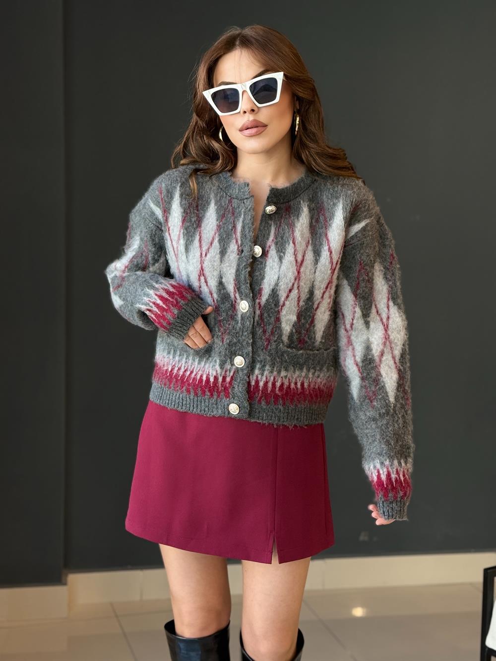 Baklava Desenli̇ Yumoş Hirka Gri̇