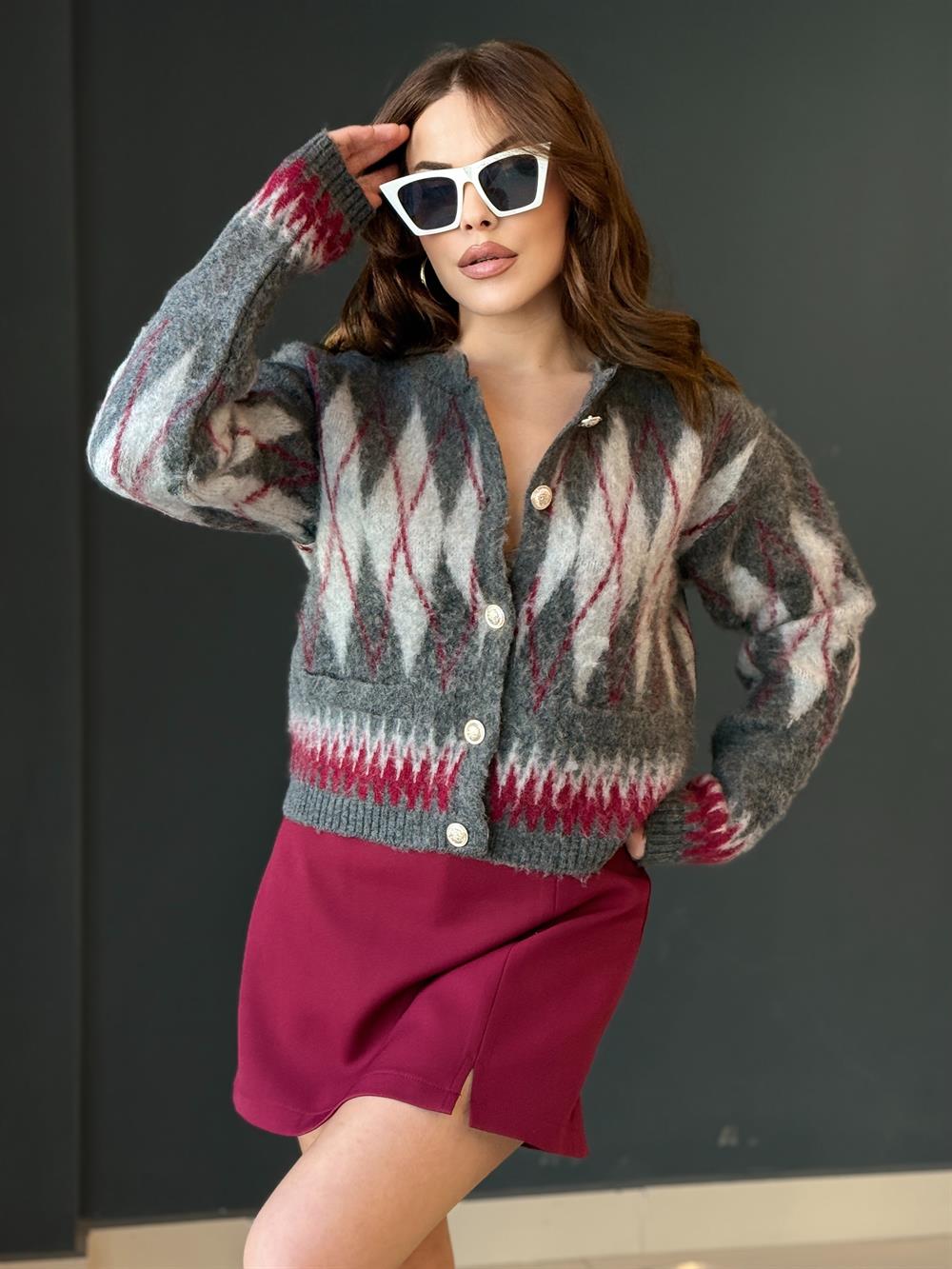 Baklava Desenli̇ Yumoş Hirka Gri̇