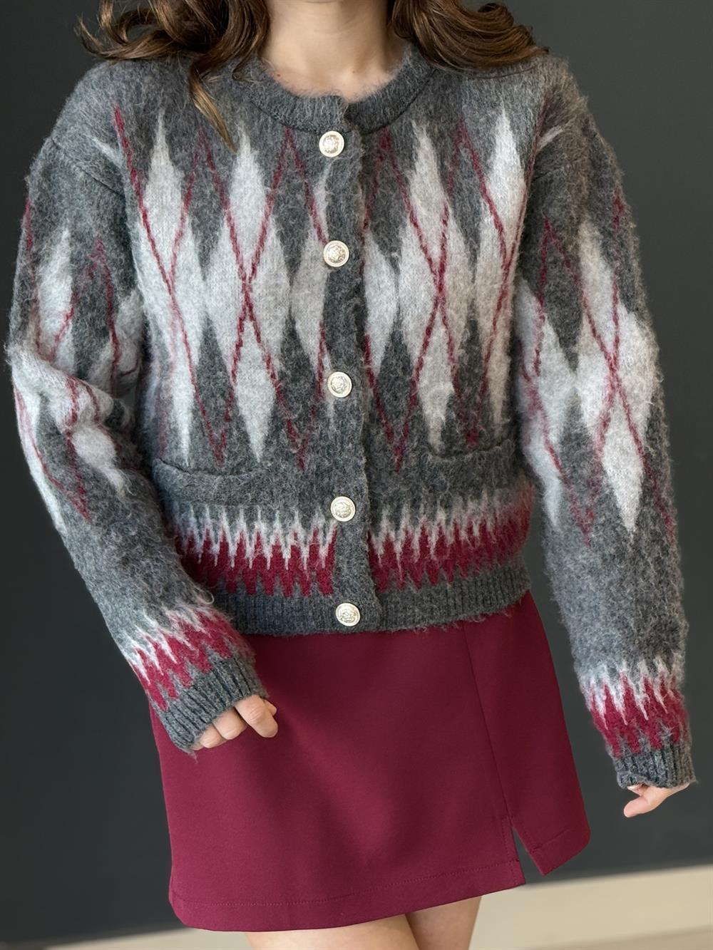 Baklava Desenli̇ Yumoş Hirka Gri̇