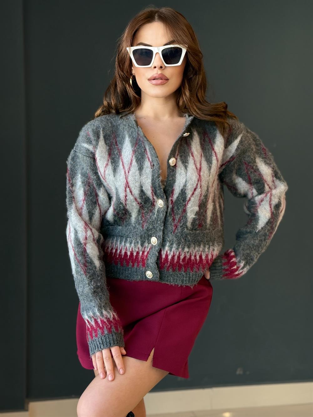 Baklava Desenli̇ Yumoş Hirka Gri̇