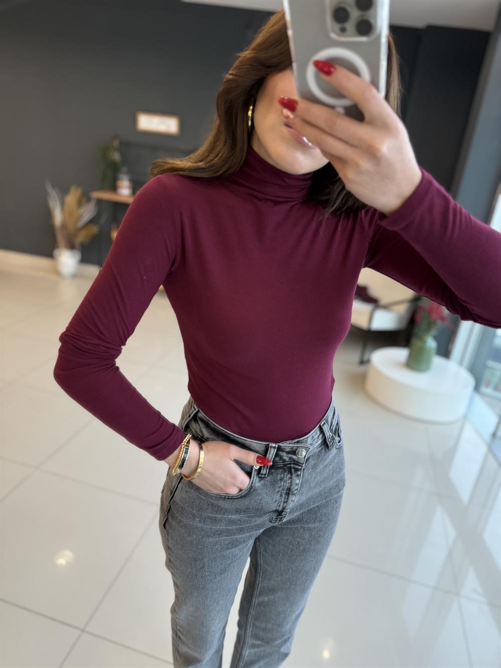 Balikçi Yaka Pamuk Bluz Bordo