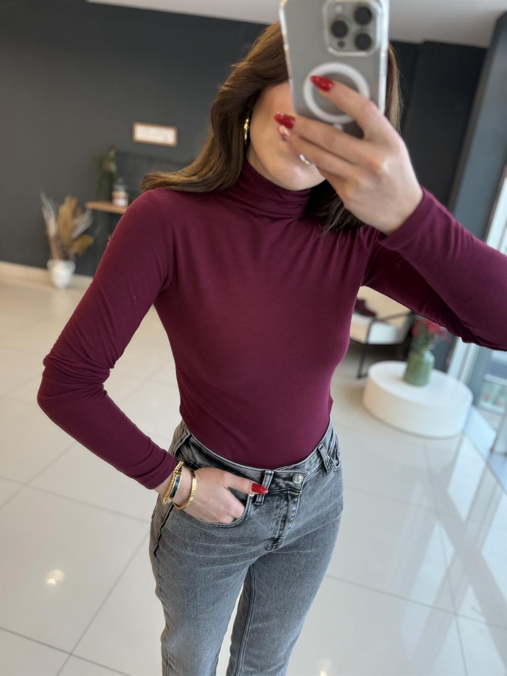 Balikçi Yaka Pamuk Bluz Bordo