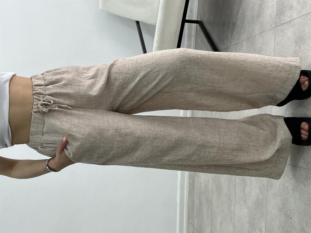 Beli̇ Lasti̇kli̇ Keten Pantolon Taş