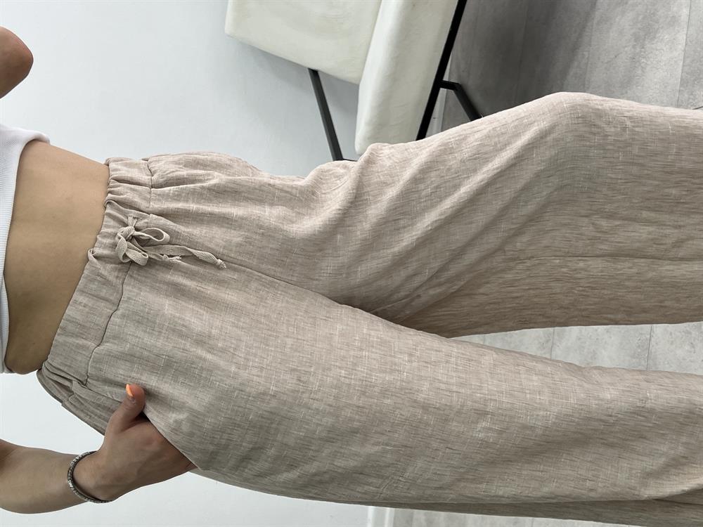 Beli̇ Lasti̇kli̇ Keten Pantolon Taş