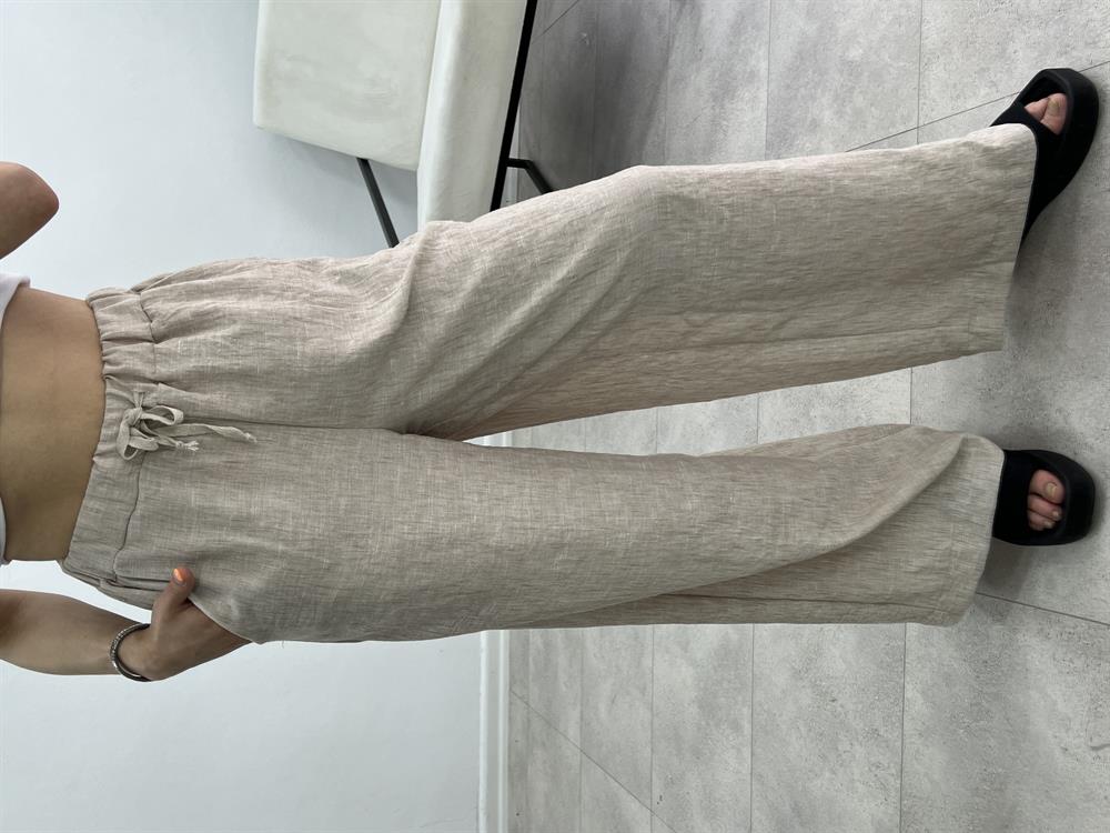 Beli̇ Lasti̇kli̇ Keten Pantolon Taş