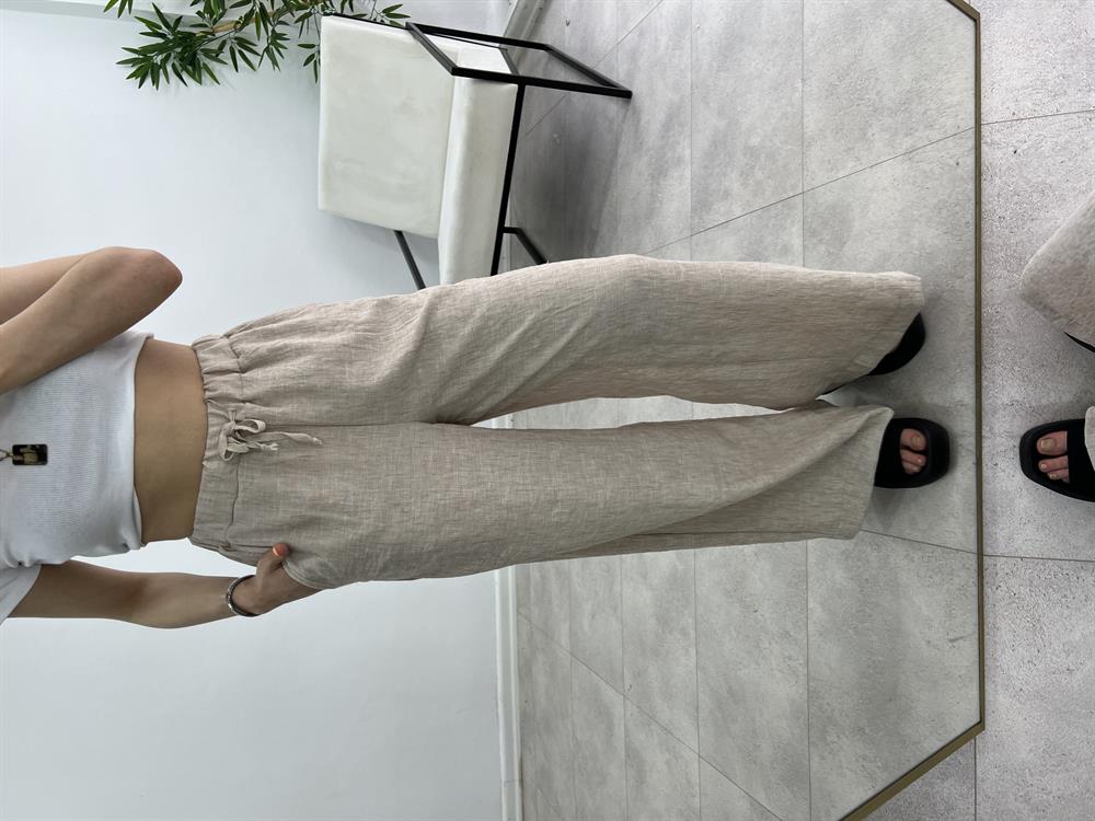 Beli̇ Lasti̇kli̇ Keten Pantolon Taş