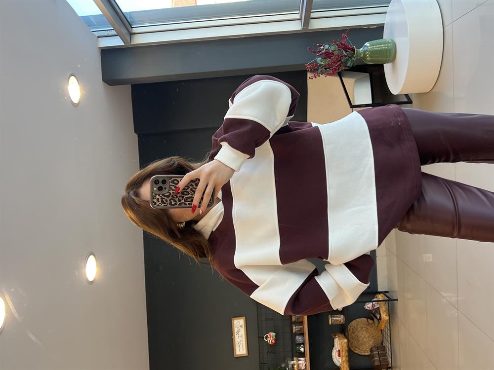 Kapşonlu Bordo Çi̇zgi̇li̇ Sweat