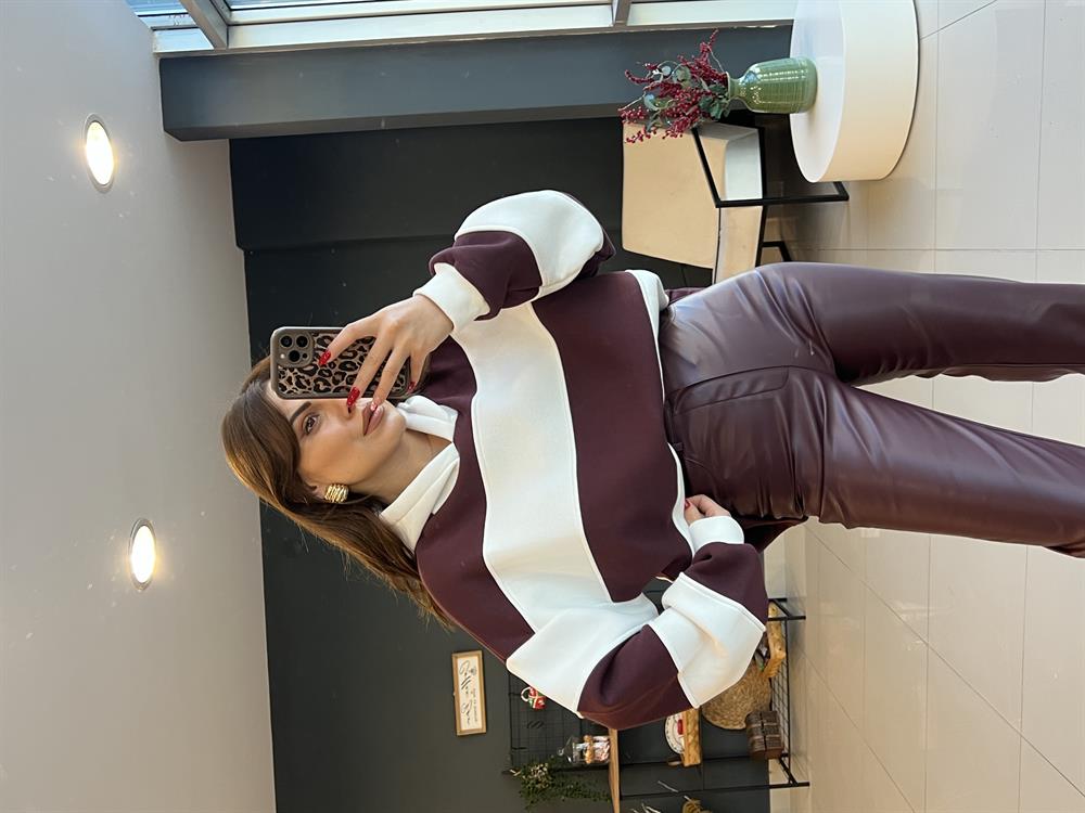 Kapşonlu Bordo Çi̇zgi̇li̇ Sweat
