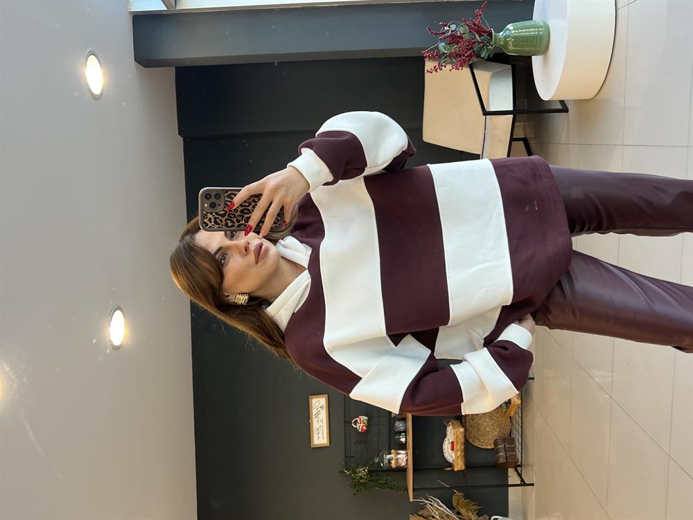 Kapşonlu Bordo Çi̇zgi̇li̇ Sweat