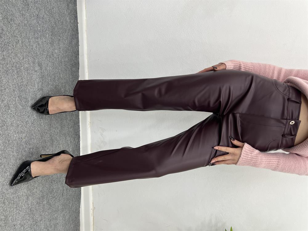 Bordo Bilek Boy Deri̇ Pantolon