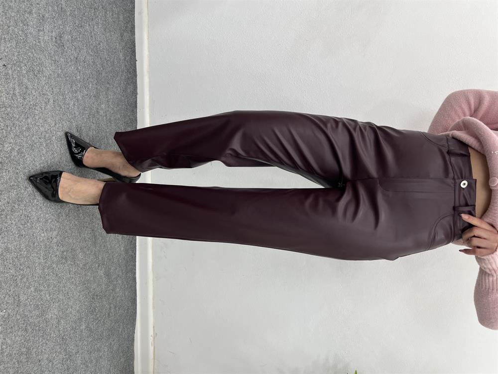 Bordo Bilek Boy Deri̇ Pantolon