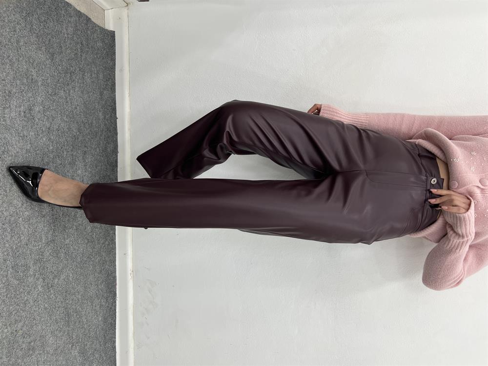 Bordo Bilek Boy Deri̇ Pantolon