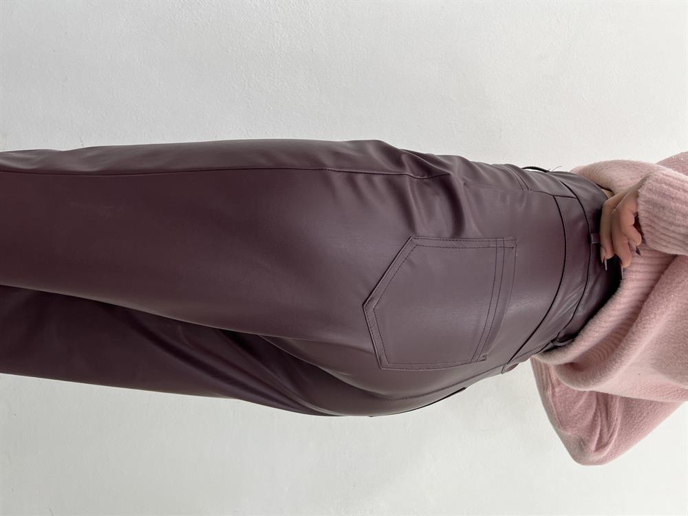 Bordo Bilek Boy Deri̇ Pantolon