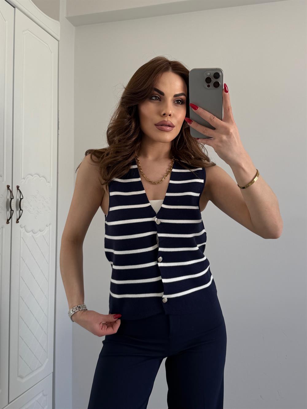 Çi̇zgi̇li̇ Tri̇ko Yelek Laci̇vert/Beyaz