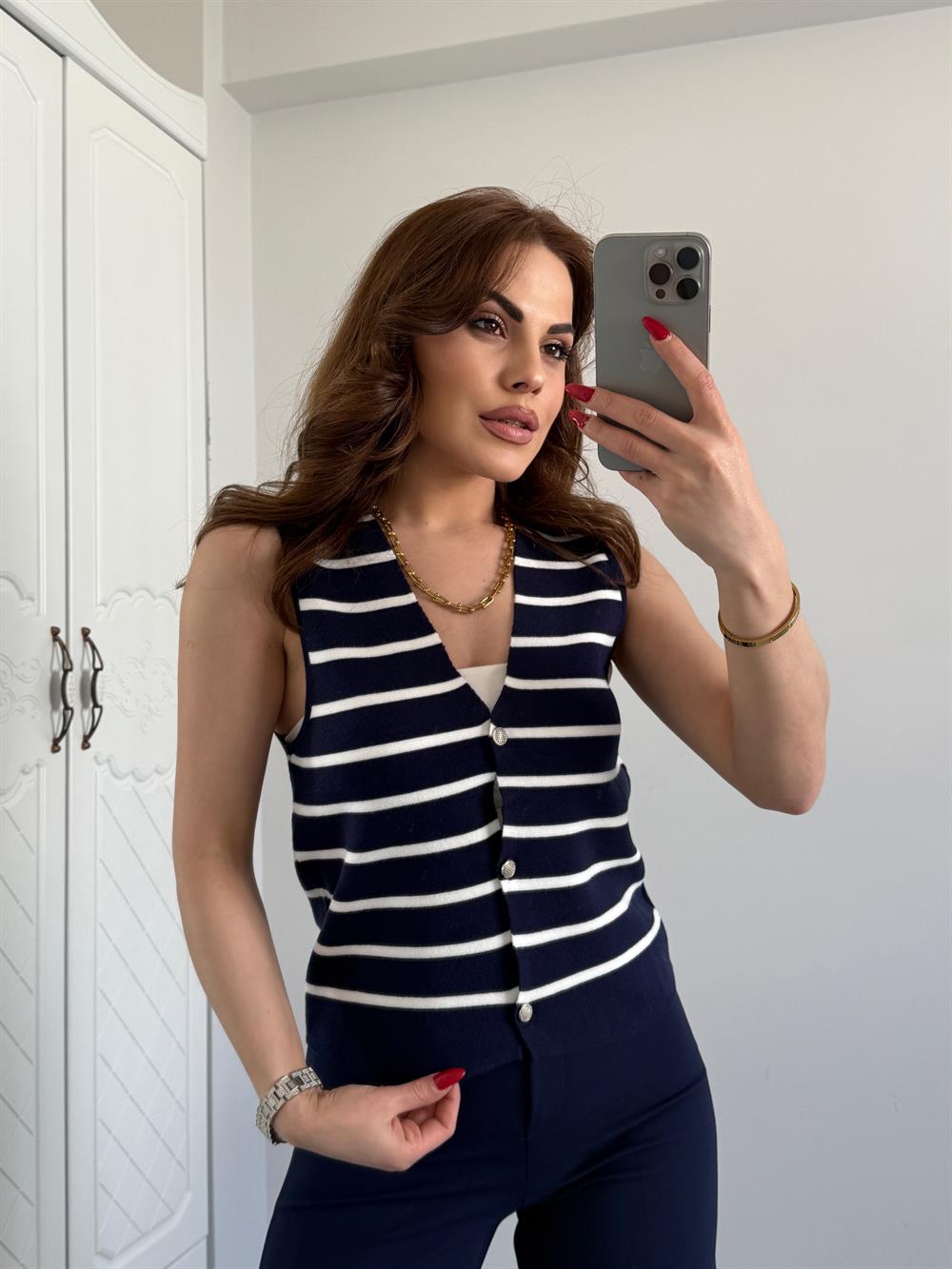 Çi̇zgi̇li̇ Tri̇ko Yelek Laci̇vert/Beyaz