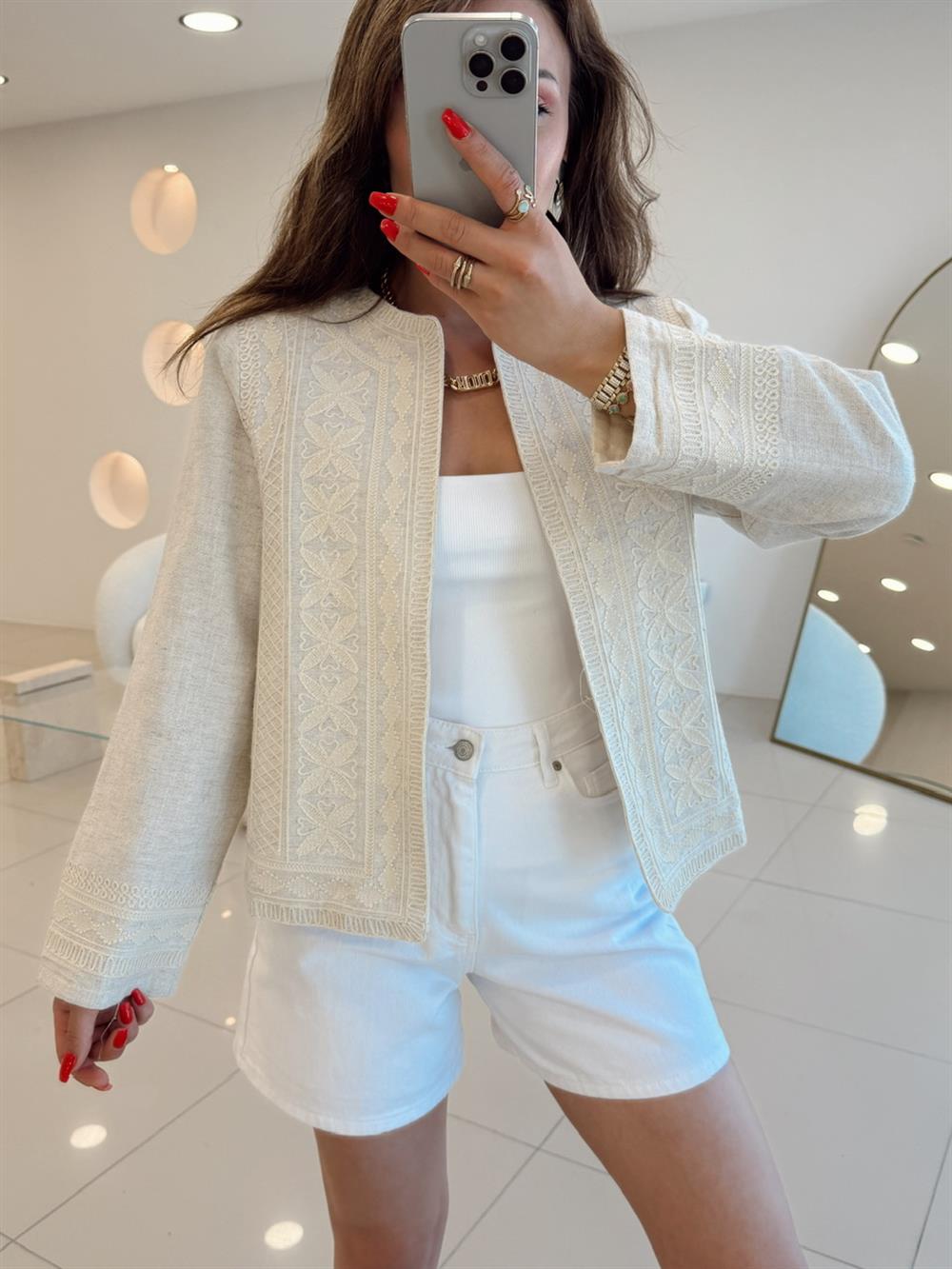 ETNİK DESEN EKRU CEKET