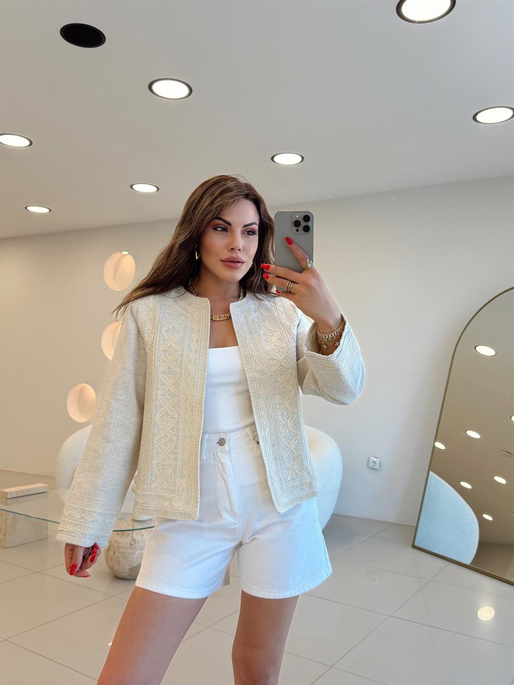 ETNİK DESEN EKRU CEKET