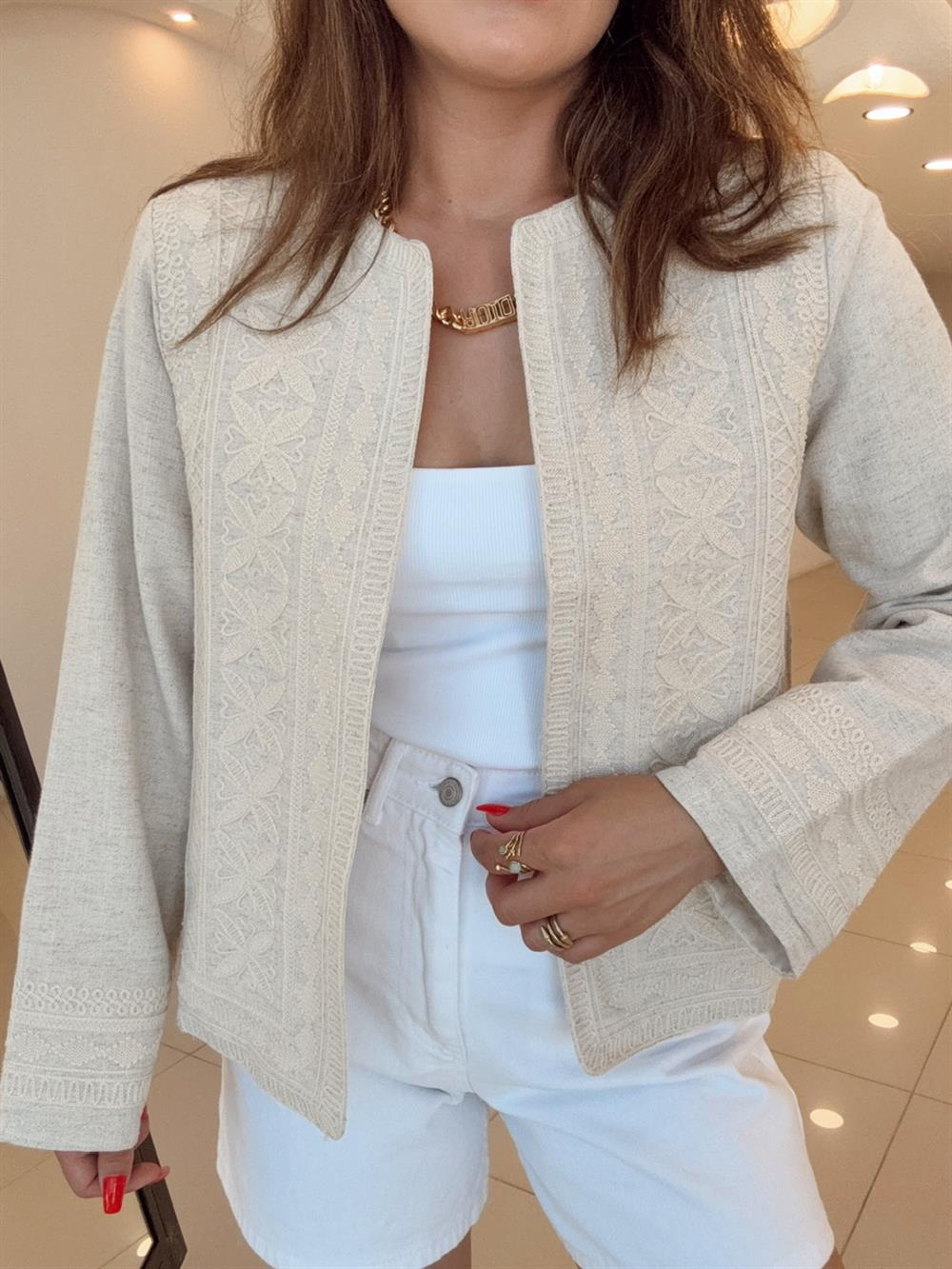 ETNİK DESEN EKRU CEKET