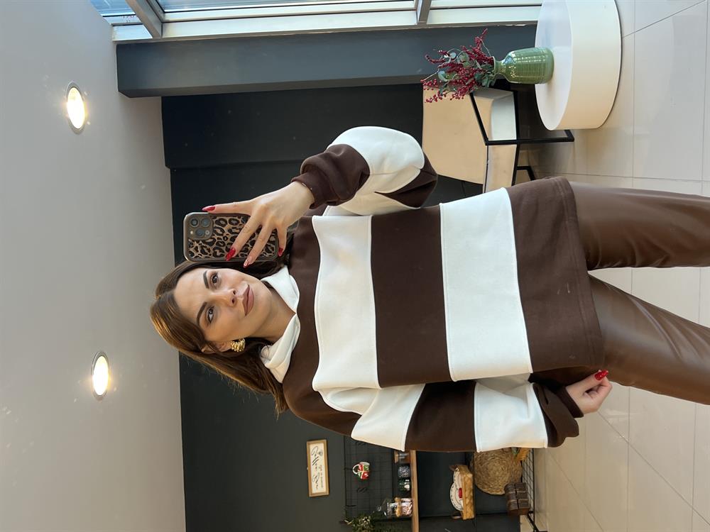 Kapşonlu Kahve Çi̇zgi̇li̇ Sweat