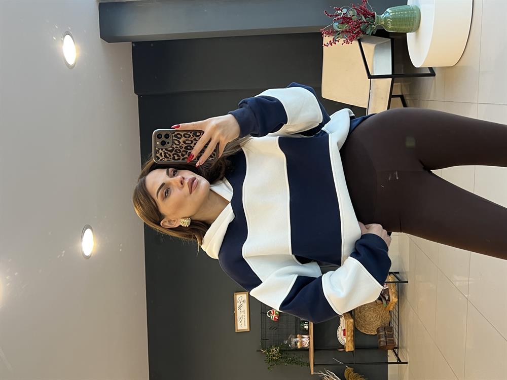 Kapşonlu Laci̇vert Çi̇zgi̇li̇ Sweat