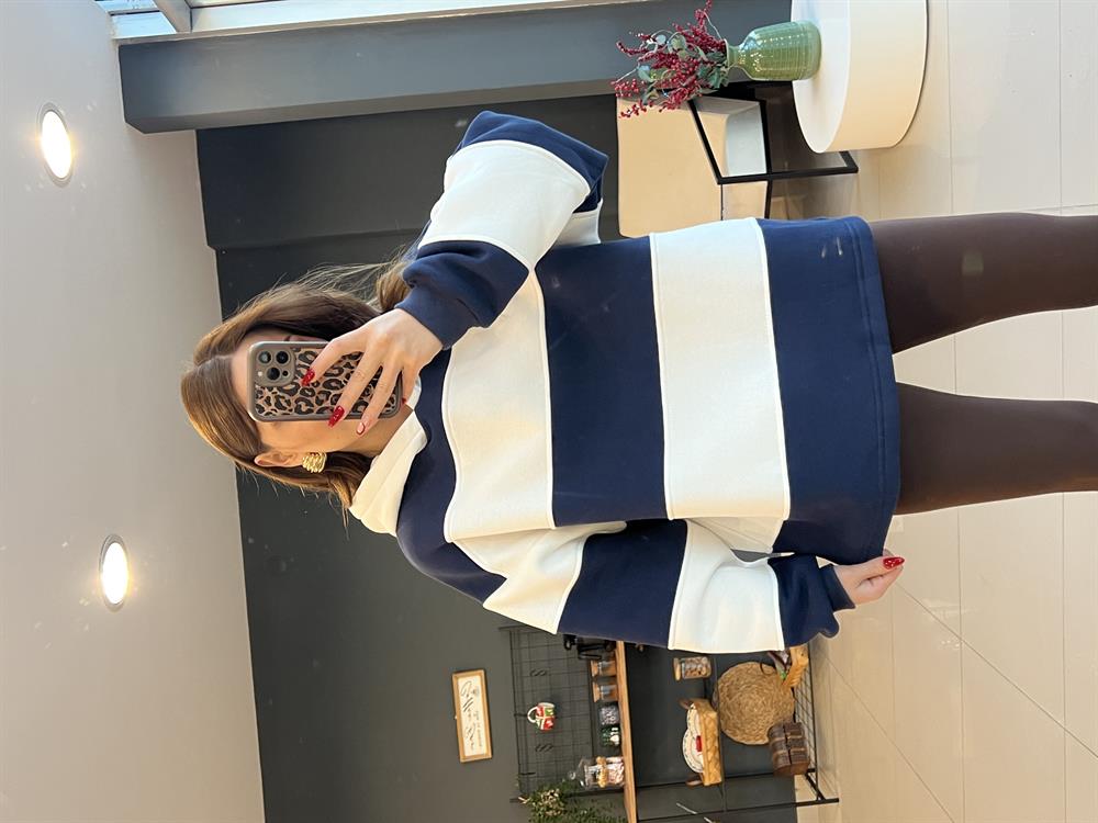 Kapşonlu Laci̇vert Çi̇zgi̇li̇ Sweat