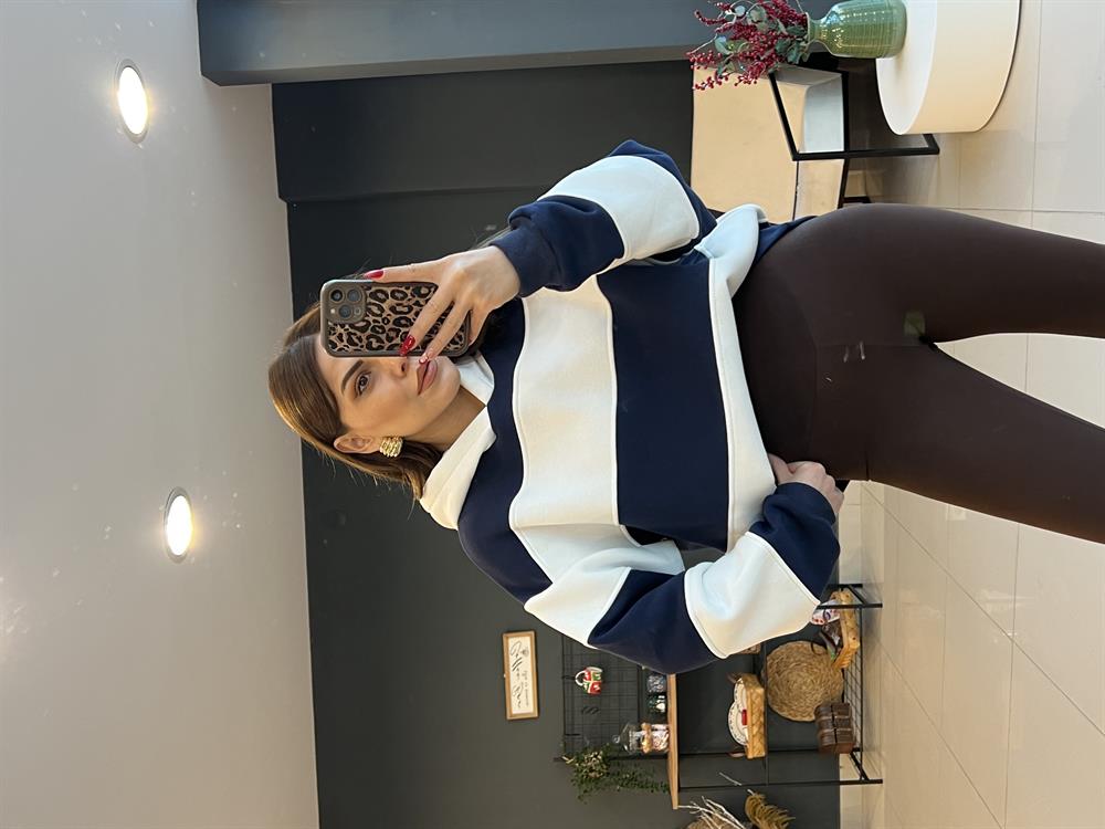 Kapşonlu Laci̇vert Çi̇zgi̇li̇ Sweat