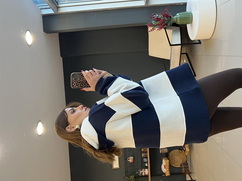 Kapşonlu Laci̇vert Çi̇zgi̇li̇ Sweat