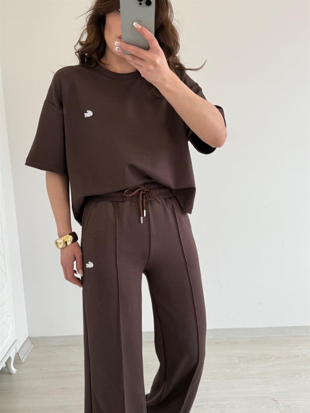 ŞARDONLU KISA KOL EŞOFMAN TAKIMI KAHVE