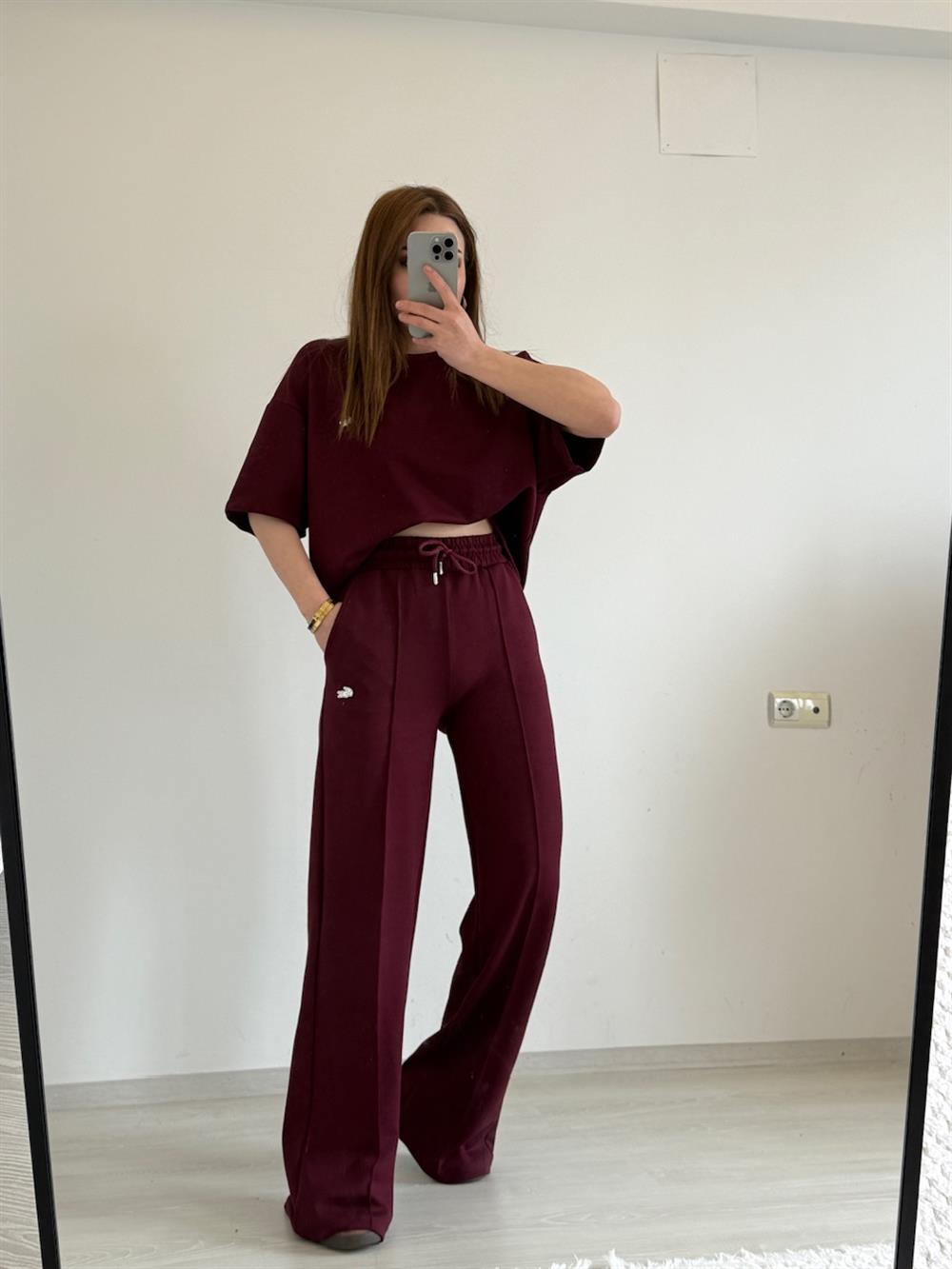 ŞARDONLU KISA KOL EŞOFMAN TAKIMI BORDO