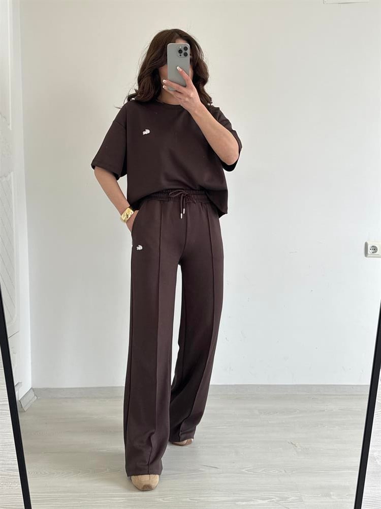 ŞARDONLU KISA KOL EŞOFMAN TAKIMI KAHVE