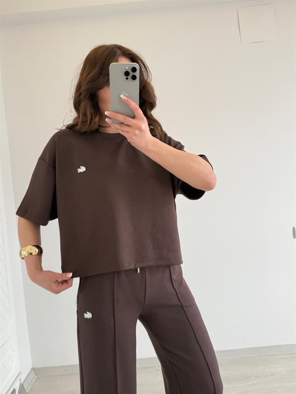 ŞARDONLU KISA KOL EŞOFMAN TAKIMI KAHVE