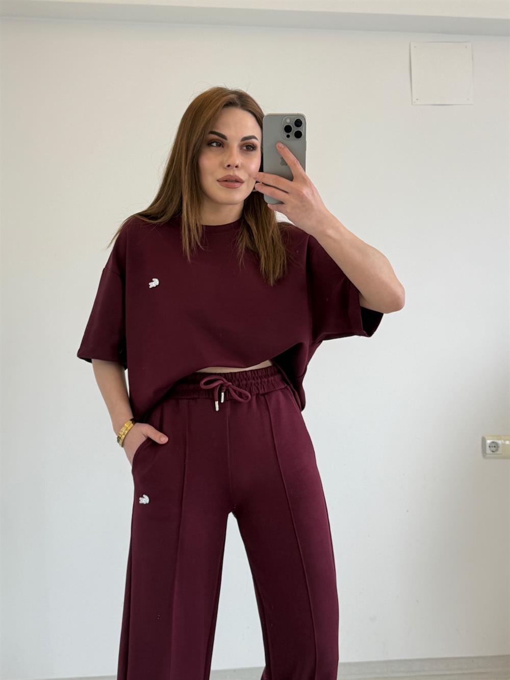 ŞARDONLU KISA KOL EŞOFMAN TAKIMI BORDO