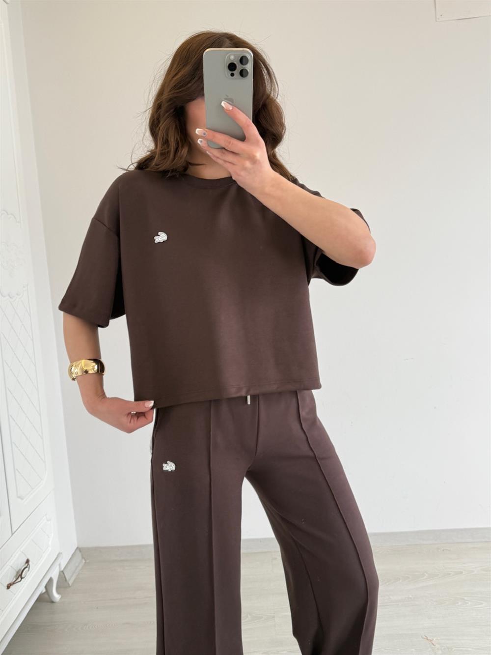 ŞARDONLU KISA KOL EŞOFMAN TAKIMI KAHVE