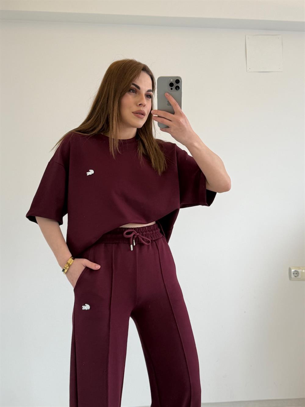 ŞARDONLU KISA KOL EŞOFMAN TAKIMI BORDO