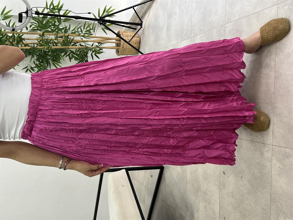 Buruşuk Saten Etek Pembe