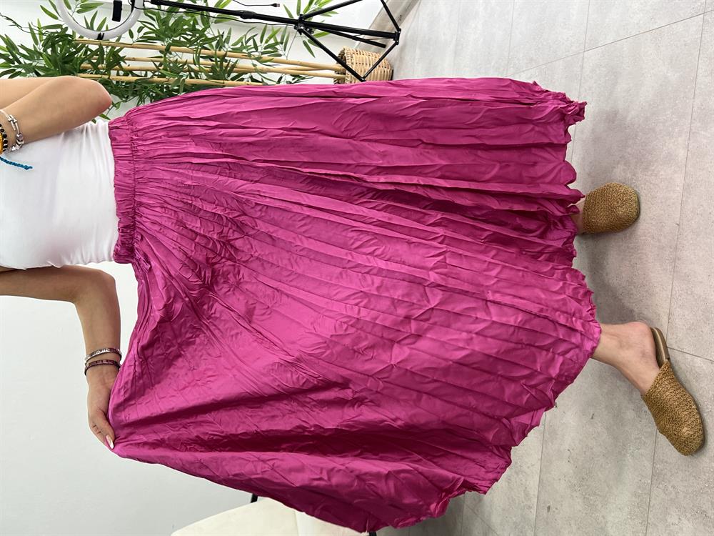 Buruşuk Saten Etek Pembe