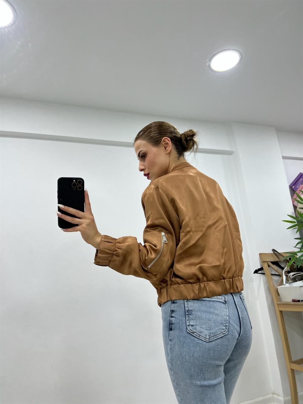 Saten Bomber Ceket Kahverengi̇