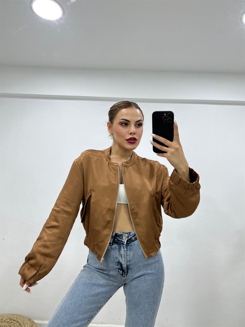 Saten Bomber Ceket Kahverengi̇