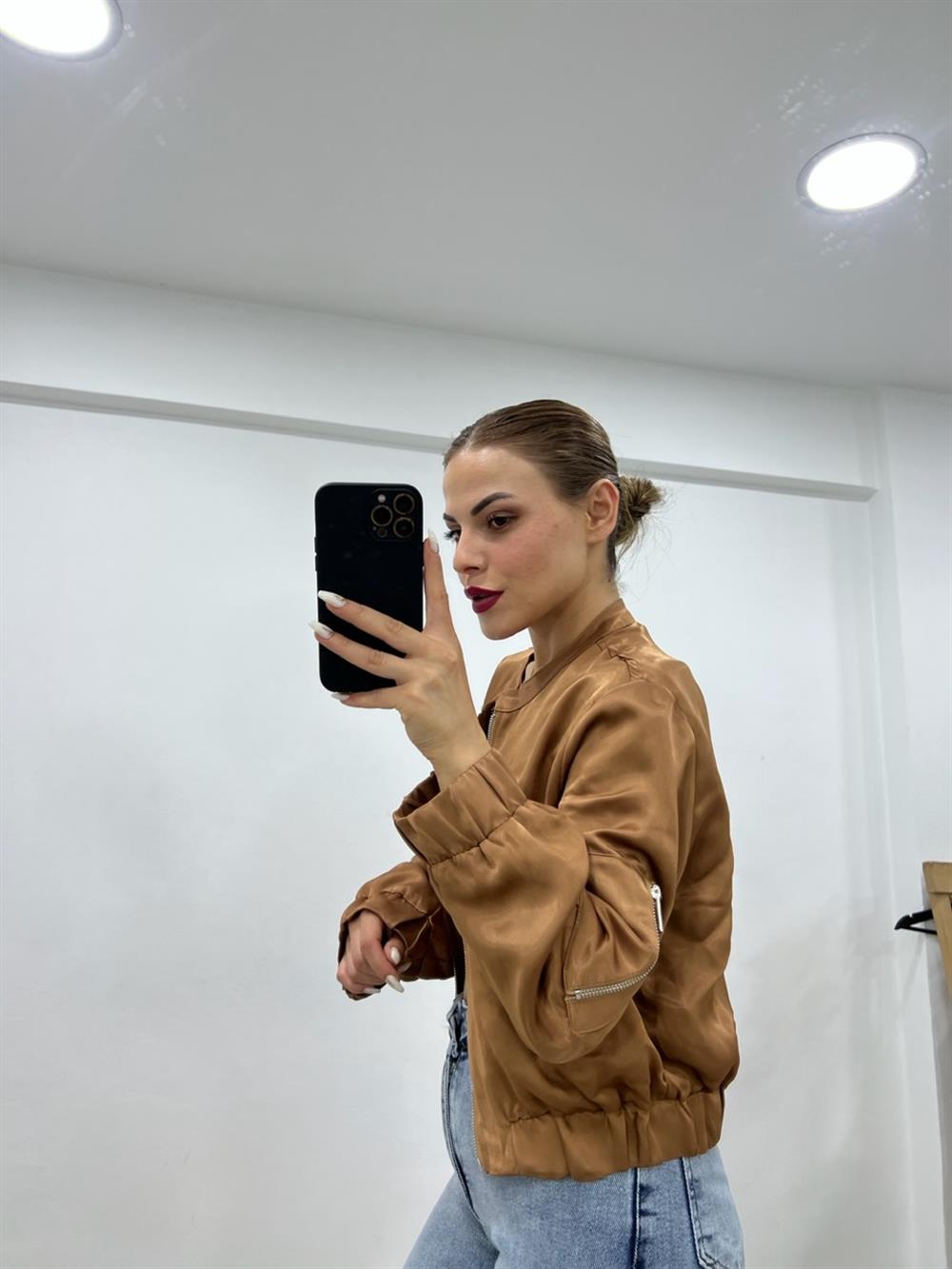 Saten Bomber Ceket Kahverengi̇