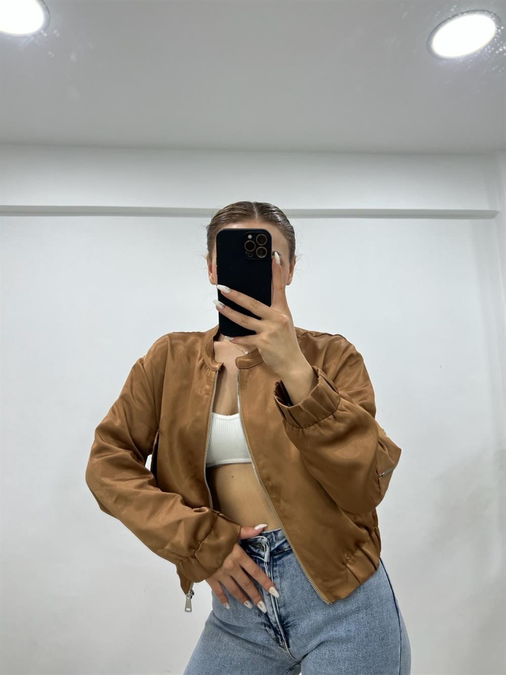 Saten Bomber Ceket Kahverengi̇