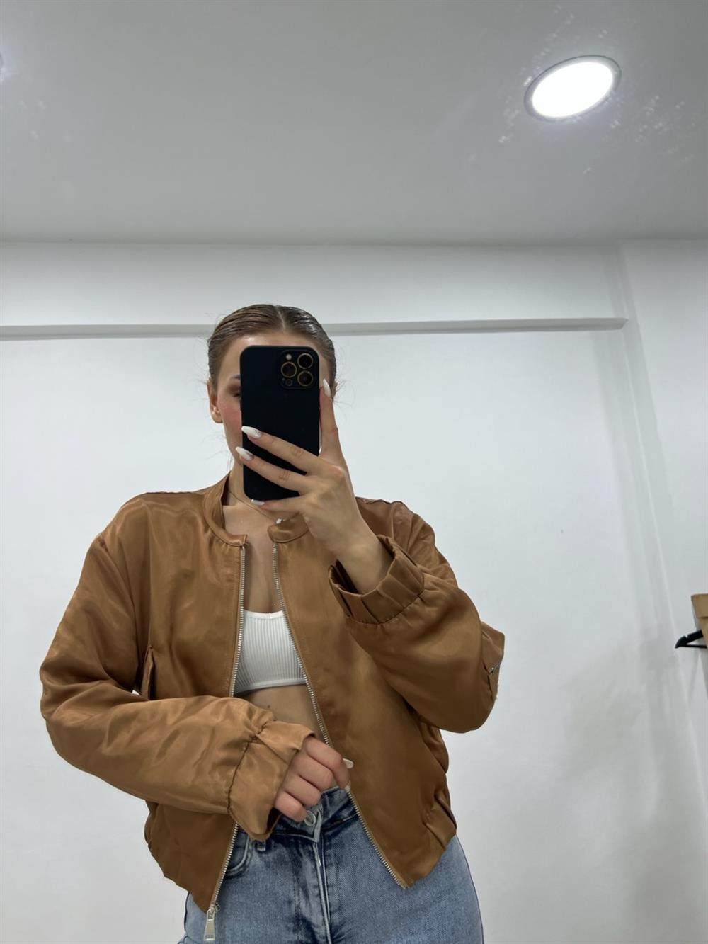 Saten Bomber Ceket Kahverengi̇