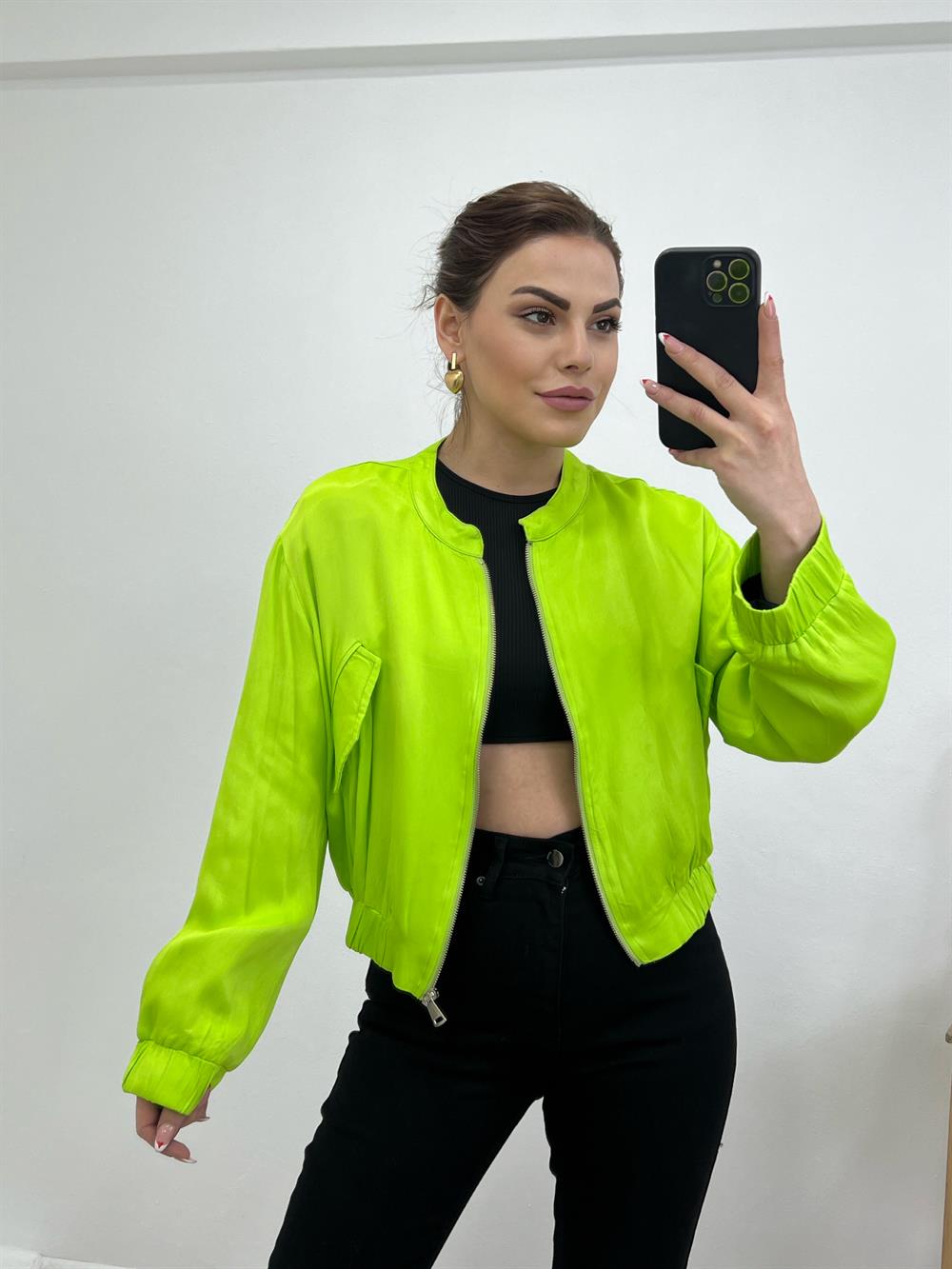 Saten Bomber Ceket Neon Yeşi̇l
