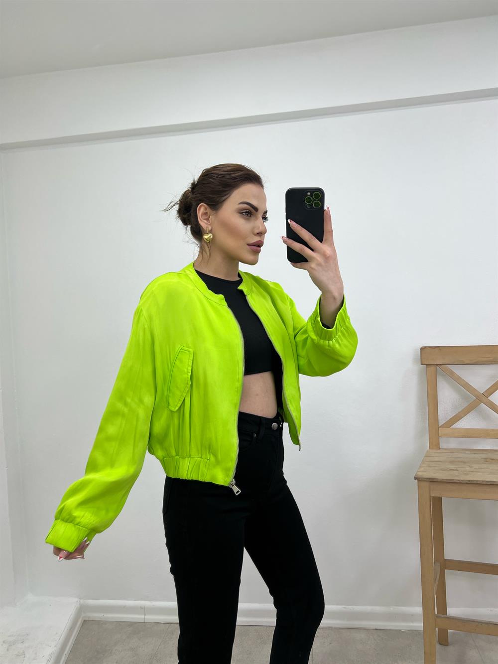 Saten Bomber Ceket Neon Yeşi̇l