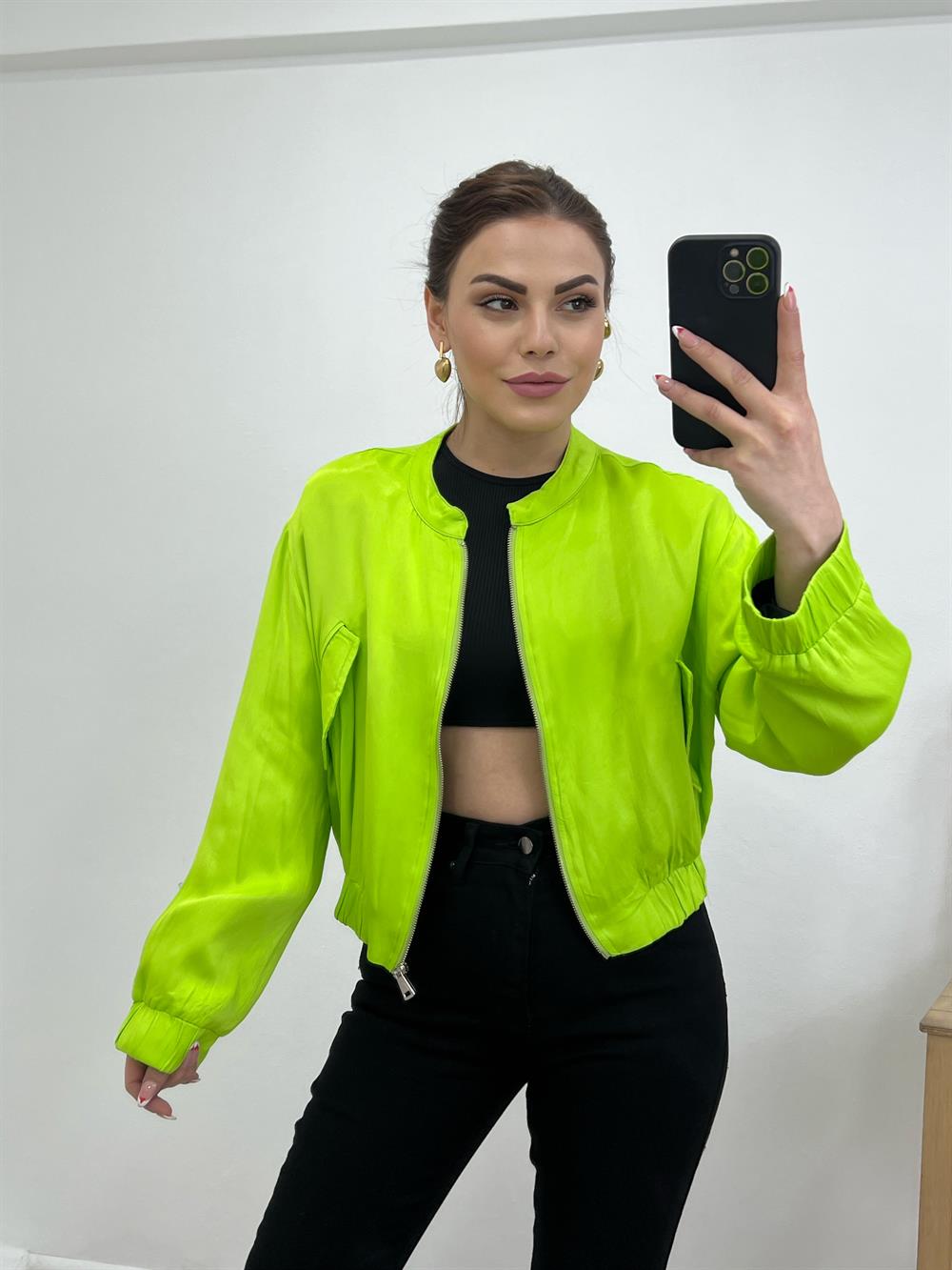 Saten Bomber Ceket Neon Yeşi̇l